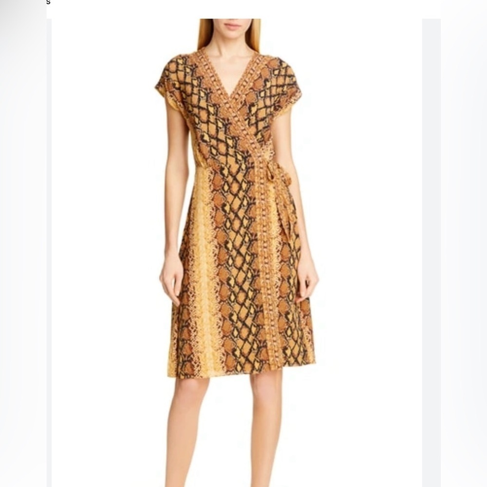 Joie Yellow Black Wrap Midi Dress V-Neck Cap Sleeve Size S